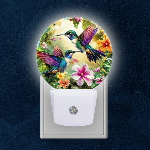 Round LED Night Lights Lamp with Dusk to Dawn Sensor, Two Hummingbirds Surrounded By Flowers Night Light Plug Into Wall for Kids Room, Bedroom, Bathroom, Kitchen, Hallway