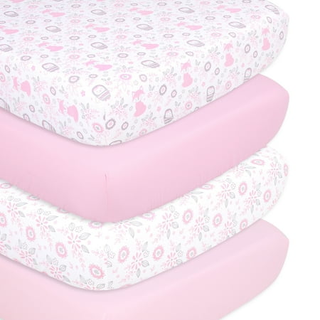 UPC: 0841297154812 | The Peanutshell Pink and White and Gray and Multi-color Animals Microfiber Sheet Sets Crib Bed Washable (Count 4)