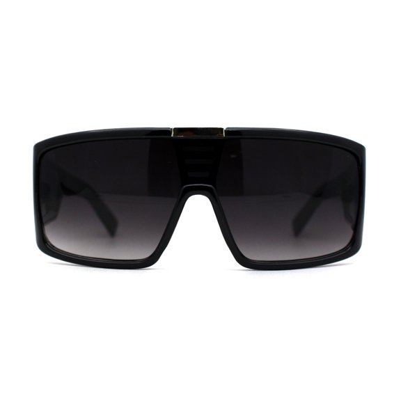 Mens Large Shield Robotic Flat Top Thick Temple Plastic Sunglasses Black Smoke
