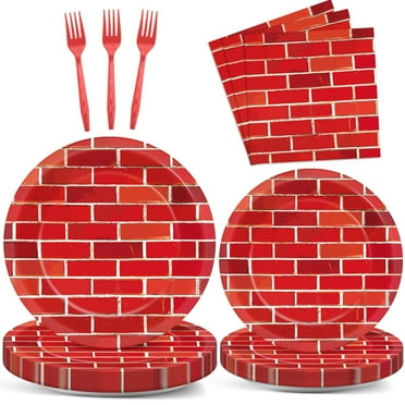 Brick Bash Party Set - 96 Pcs Red Brick Themed Paper Plates and Napkins for Winter Birthday Celebrations, Perfect for Serving 24 Guests with Fun Decorations and Favors.