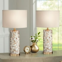 360 Lighting Coastal Accent Table Lamps 23" High Set of 2 Mother of Pearl Tiles Cylinder Cream Linen Drum Shade for Living Room Bedroom