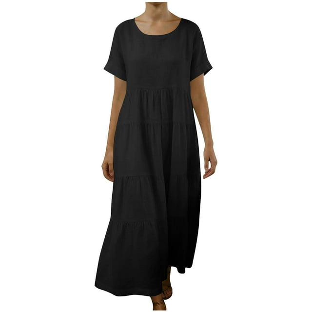 FRSASU Robe en Coton et Lin Femme à Manches Courtes Col Rond Robe Maxi Bohème Décontractée Été Modeste Longue Fluide Plage Vacances Robes Noir G(L)