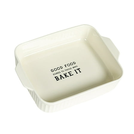 Creative Co-Op Stoneware Baker with "Good Food Comes To Those Who Bake It ", White