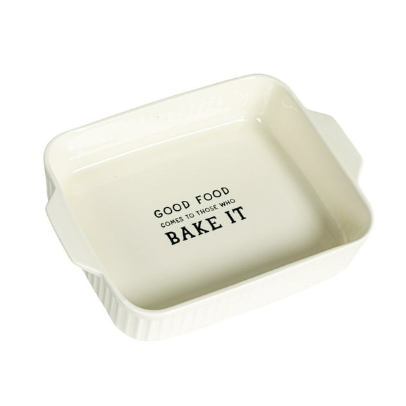 Creative Co-Op Stoneware Baker with "Good Food Comes To Those Who Bake It ", White