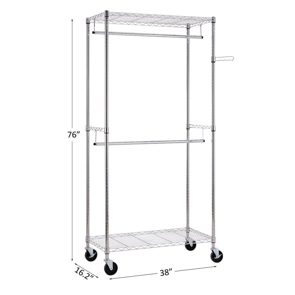 Kepooman 2Tier Rod Closet Organizer Garment Rack, Clothes Storage Hanger Shelf Hooks, White