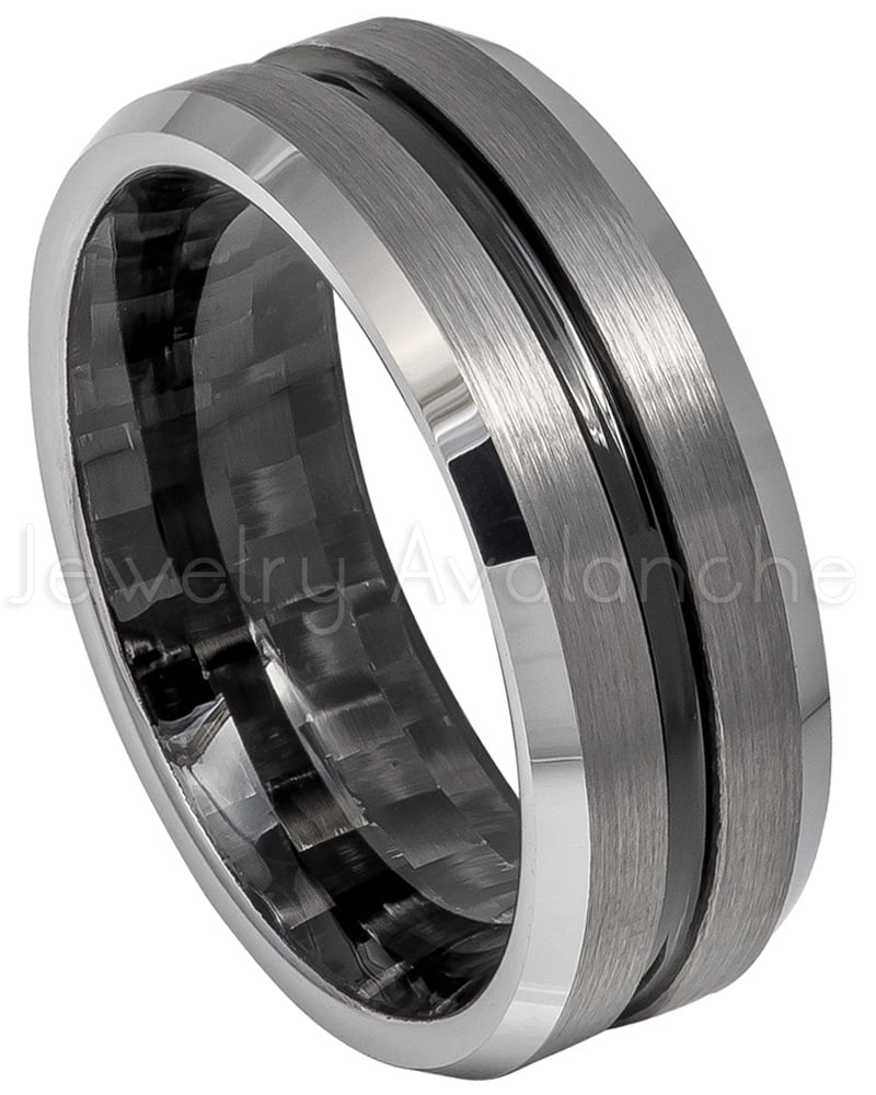 2Tone Grooved Center Tungsten Ring, Inner Carbon FIber Inlay Tungsten Wedding Band JATN612Ns10