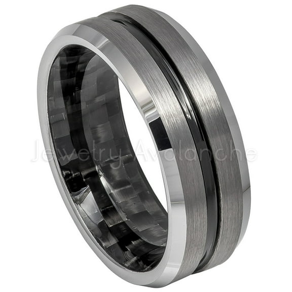 2-Tone Grooved Center Tungsten Ring, Inner Carbon FIber Inlay Tungsten Wedding Band JATN612Ns12