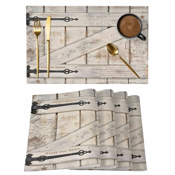 Placemats Set of 4, Vintage Wood Grain Woven Placemat, Linen Place Mats for Kitchen/Dining Tables, Farmhouse Country Door Retro Washable Table Mats for Party