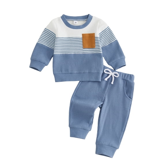 AceBaby Kids Boys Fall 2Pcs Outfit Sets for 3M-5Y, Contrast Color and Stripes Tops with Pants Toddler Clothes for Casual Daily