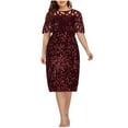 thumbnail image 2 of ICHUANYI Clearance Women Casual Print Gauze Splicing Sequins Loose Short Sleeve Round Neck Dress(Wine, XXL) ICHUANYI WER2023081012088, 2 of 6