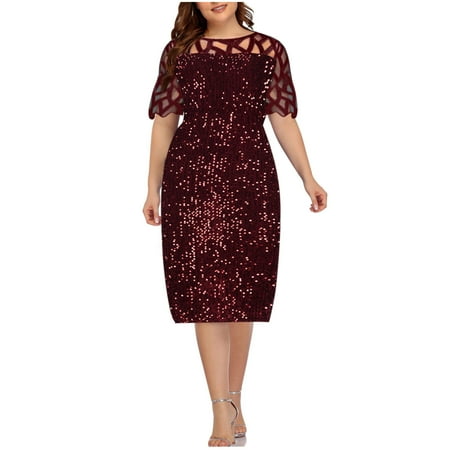 

fartey Sequin Dress for Women Short Sleeve Crewneck Midi Dresses Elegant Slim Prom Dress Evening Party Club Date Night Sparkly Dress