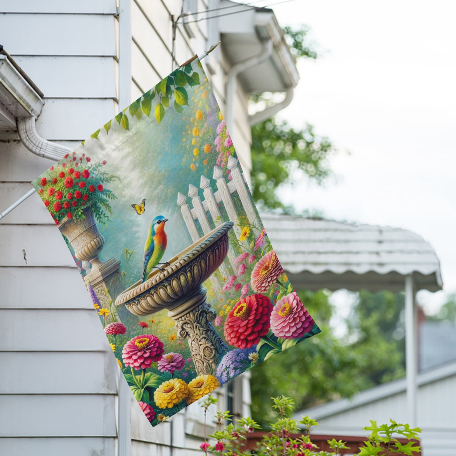 America Forever Birdbath Spring House Flag, 28x40 inch Double Sided, Fountain and Colorful Bird, Floral Spring Summer Outdoor Lawn Decor, Large Decorative Yard Flags
