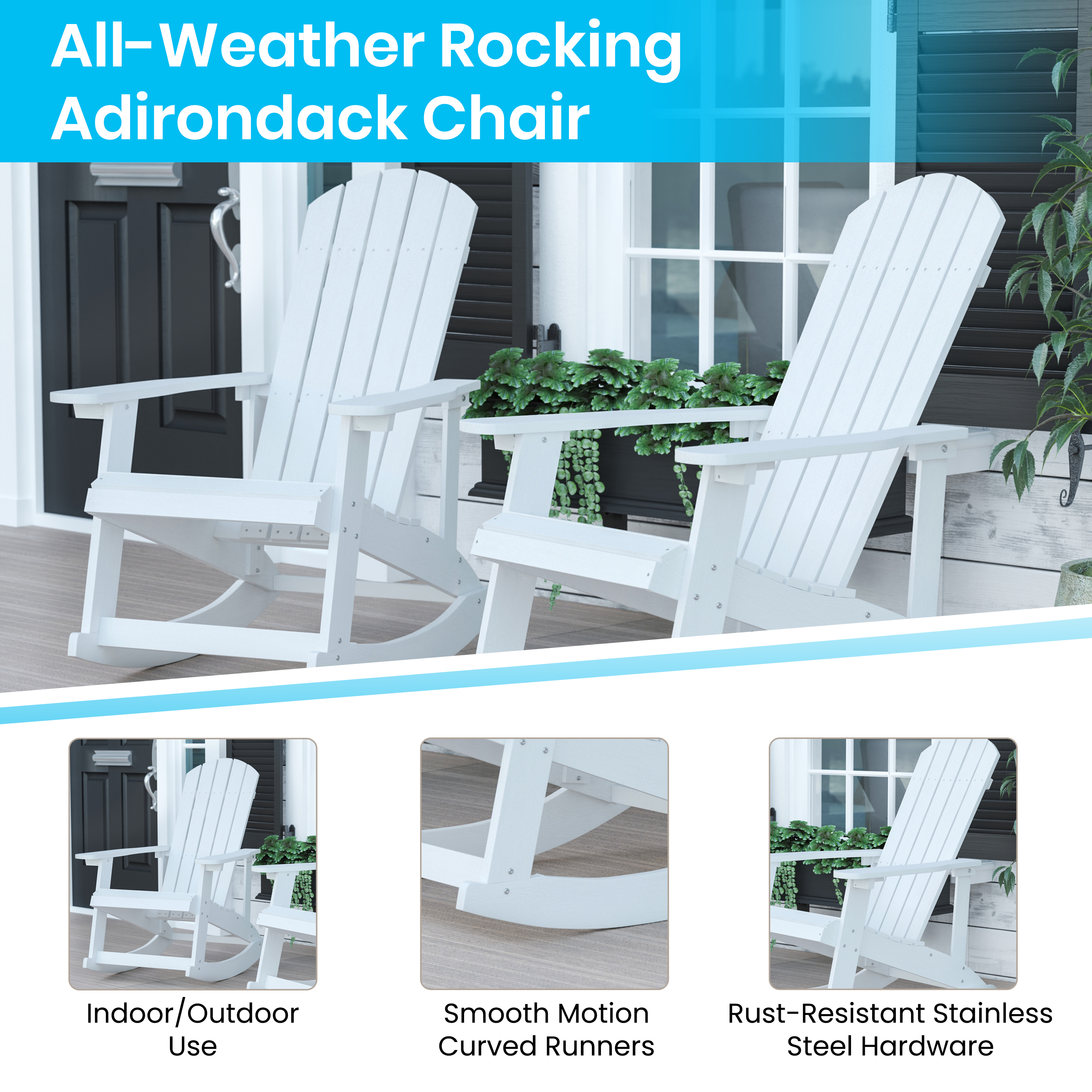 BizChair Set of 2 Commercial Grade All-Weather Poly Resin Wood Adirondack Rocking Chairs with Side Table in White - image 4 of 12