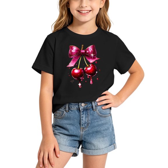 Kiijoy Girls Summer T-Shirt Cherry Print Short Sleeve Crew Neck T Shirt Tee, Sizes 2-14