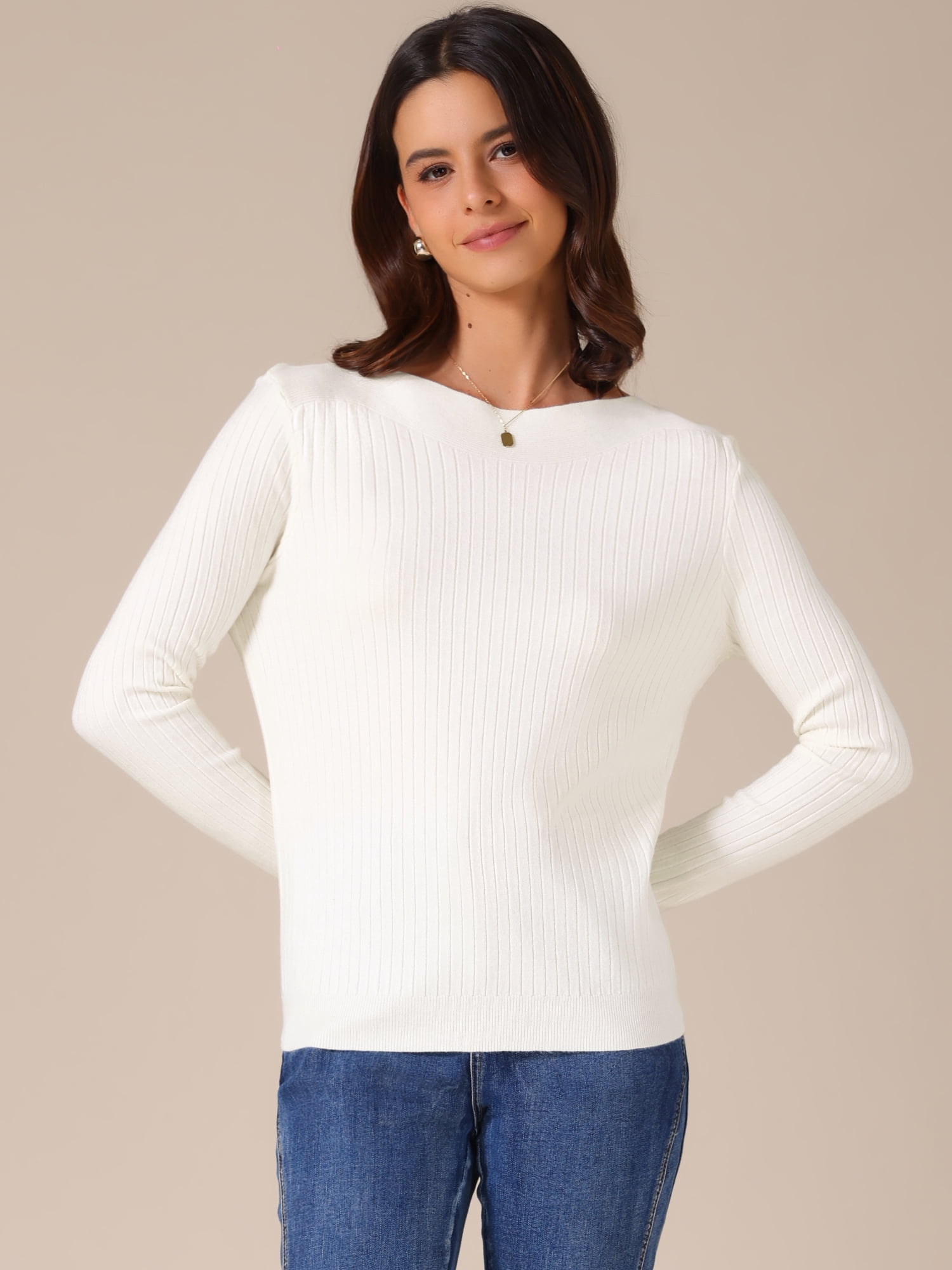 DARING DIVA Women's Boat Neck Long Sleeve Ribbed Sweaters M Beige