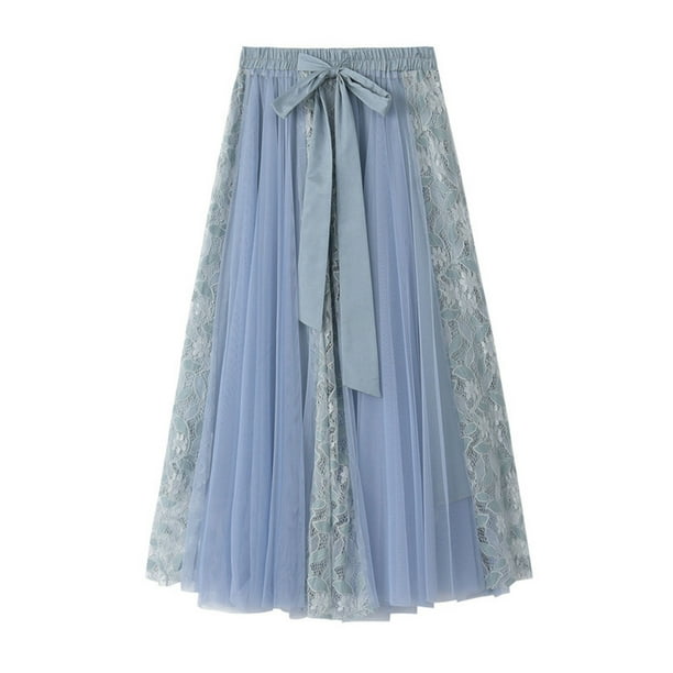 VISgogo mujeres primavera otoño falda media moda encaje bordado costura malla falda Bowknot Tie-Up alta cintura elástica faldas casuales VISgogo moda