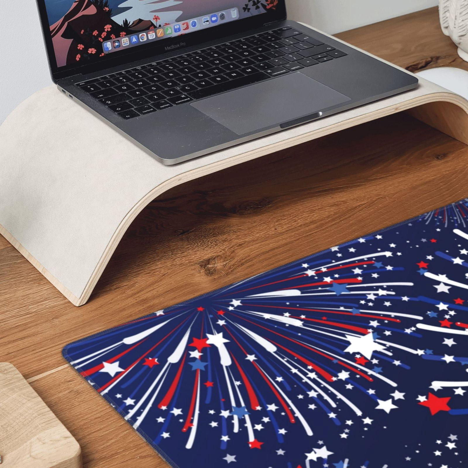 Rateoe Red White Blue Fireworks 1 Print Mouse Pad - Extended Large Gaming Mousepad,Non-Slip Stitched Edge,16x29.5 Inch