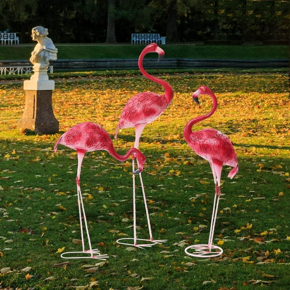 Large Flamingo Garden Statue Pink Flamingo Statue, Flamingo Statue Outdoor Lawn Yard Garden Decor Metal Art Sculpture Pink (3PCS)