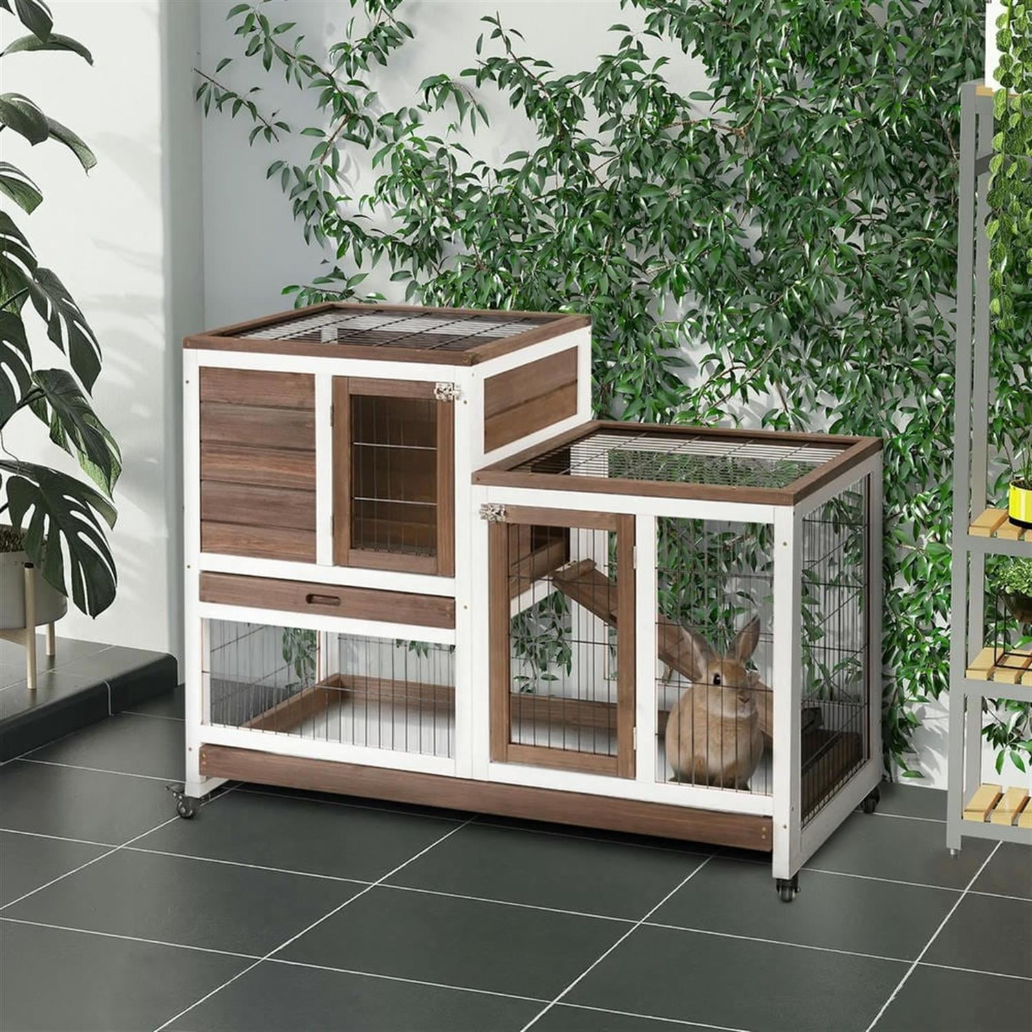Kadyn 43" 2-tier Wooden Rabbit Hutch with Wheels and Slide-out Tray, Outdoor Small Animal Habitat Chicken Coop Bunny Cage for Bunnies, Guinea Pigs, Brown