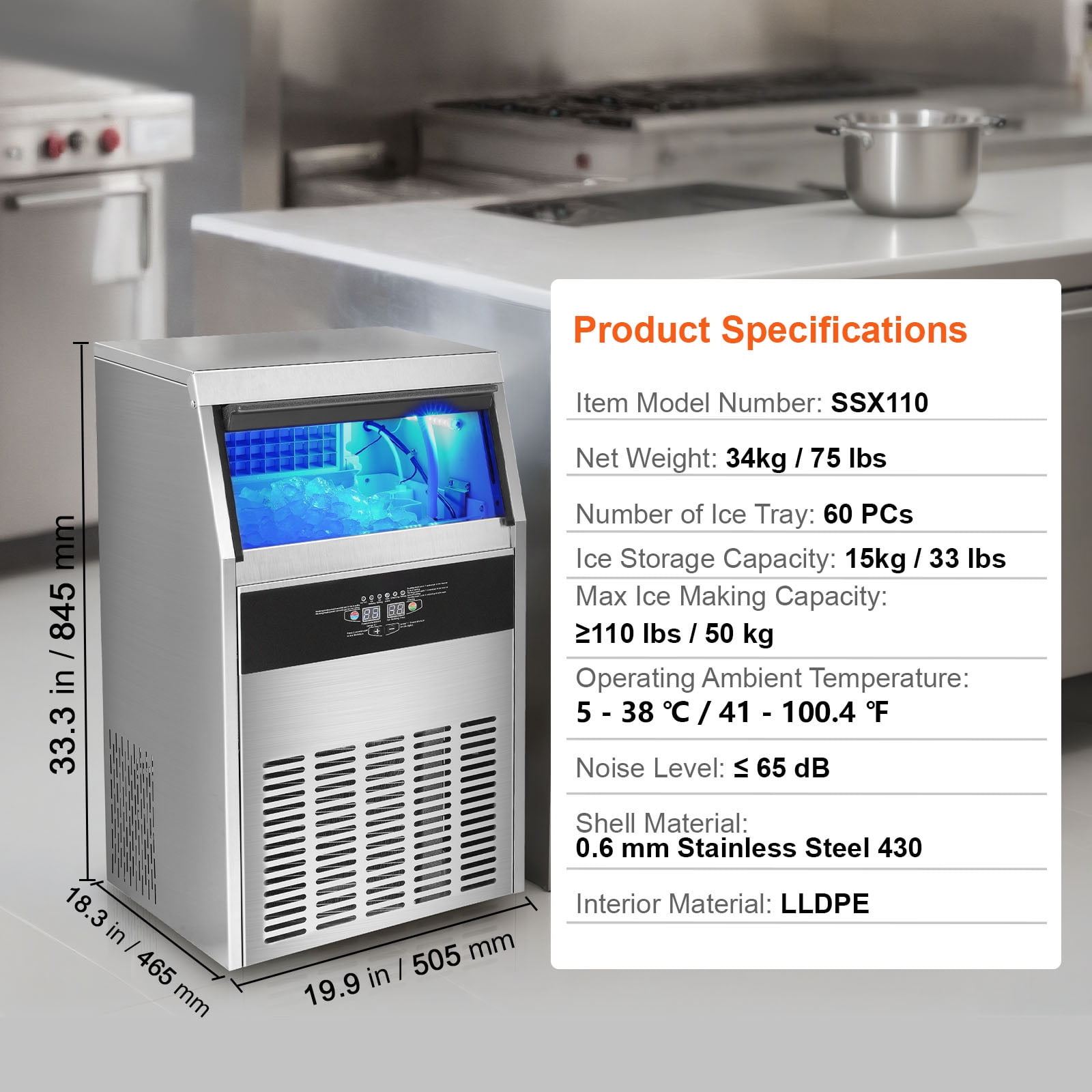 VEVOR Commercial Ice Maker 110-120lbs/24h with 33lbs Bin and Electric Water Drain Pump, Clear Cube, Stainless Steel Construction, Auto Operation