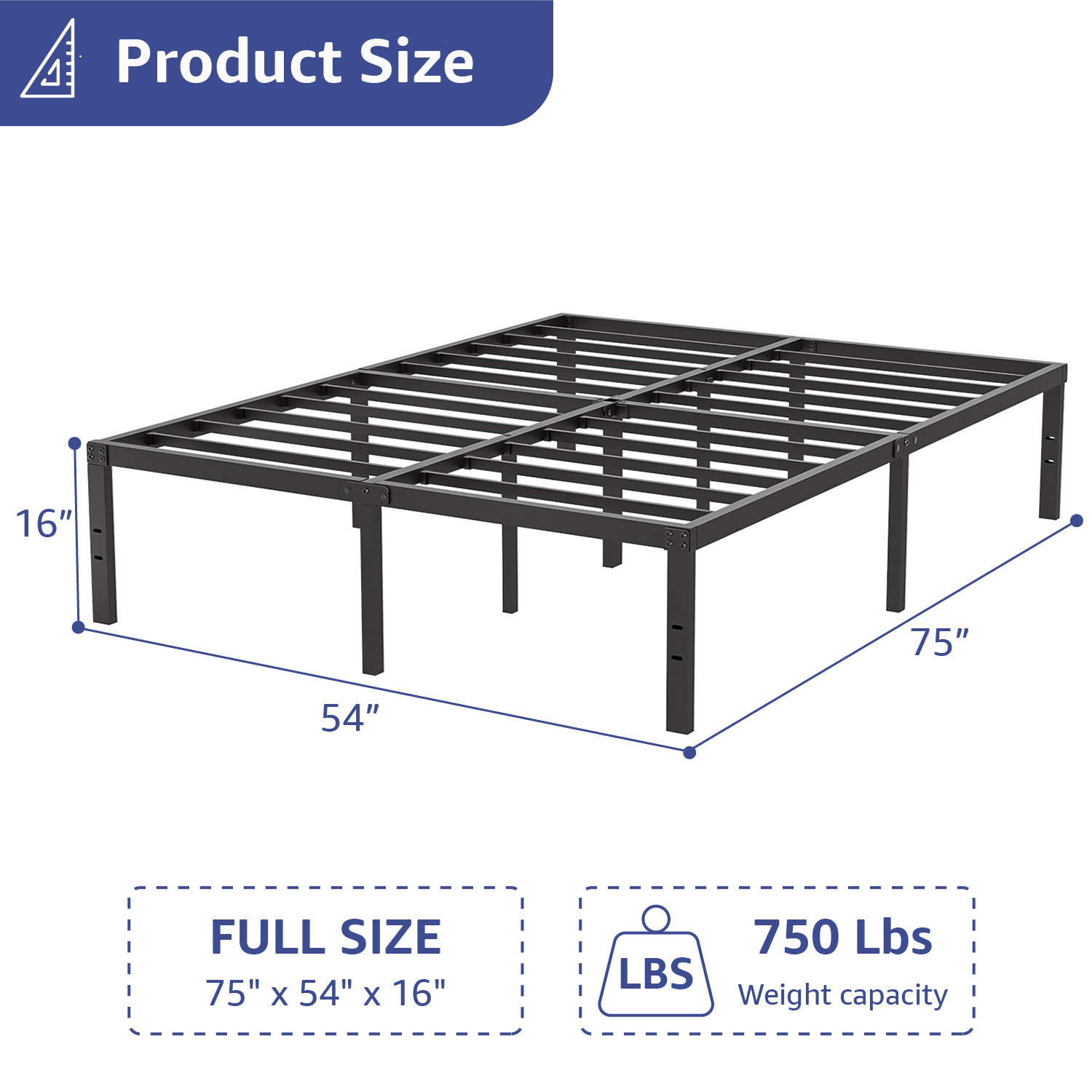 VOLIX 16" Black HighProfile Metal Bed Frame Headboard Compatible Platform Bed Frame, Full