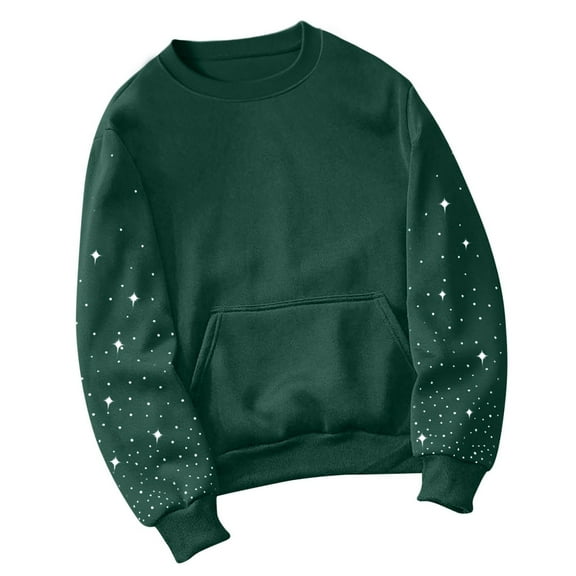 Women's Rhinestone Crew Neck Sweatshirt, Solid Color Long Sleeve Pullover with Pocket, Soft Casual Fall Winter Top for Women, Comfortable Loose Fit Daily Wear with Bling Design Blackish Green
