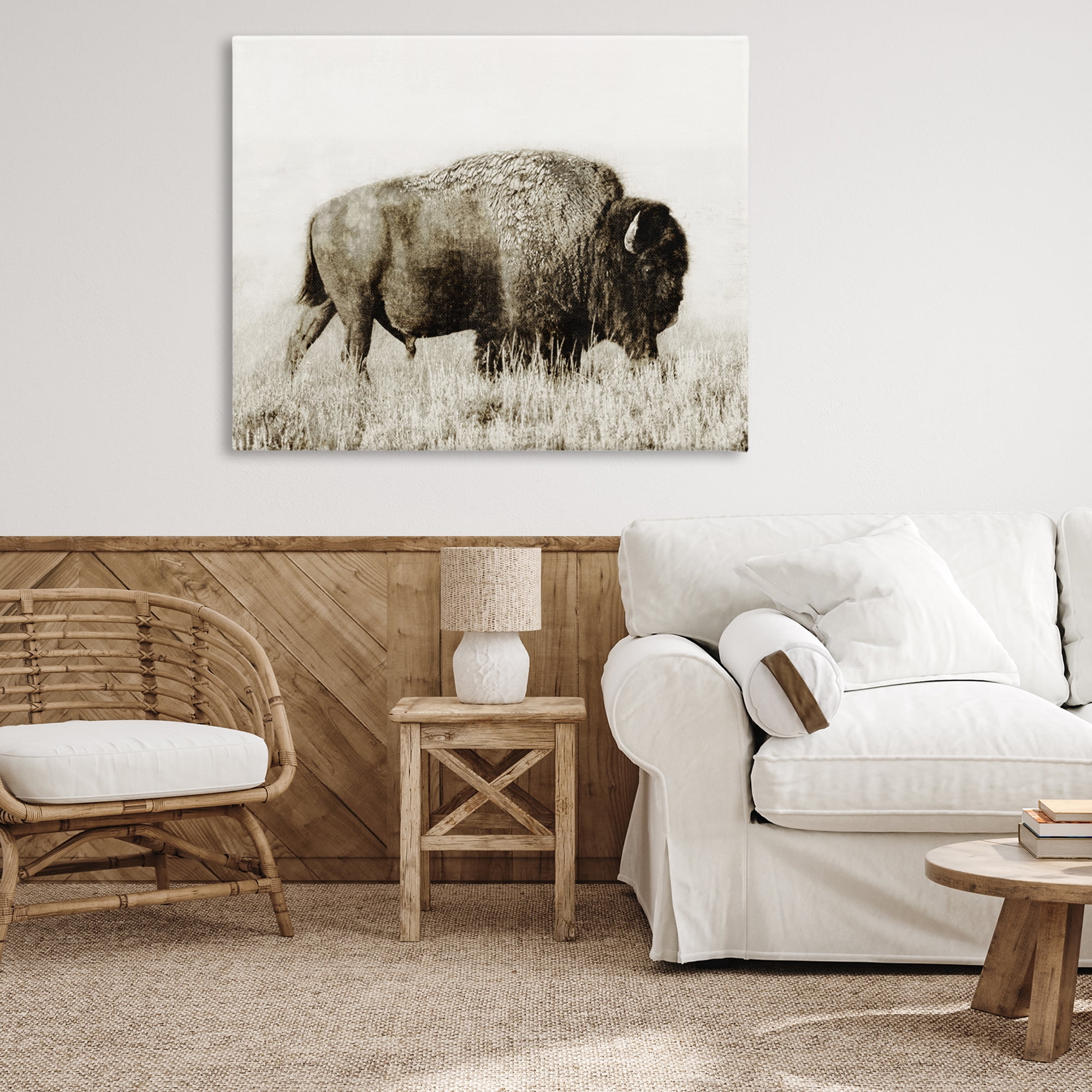 Stupell Industries Bison Grazing in Field Animals Photography Wrapped Canvas Art Print Wall Art, 48 x 36