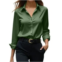 Womens Dress Shirts Satin Long Sleeve Button Shirt Solid Color Work Business Formal Casual Blouse Green XXL