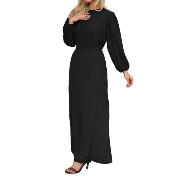 Elegant Long Sleeve Women'S Casual Dress With Belted Waist And Flowy Abaya Tunic Design Featuring Puff Sleeves