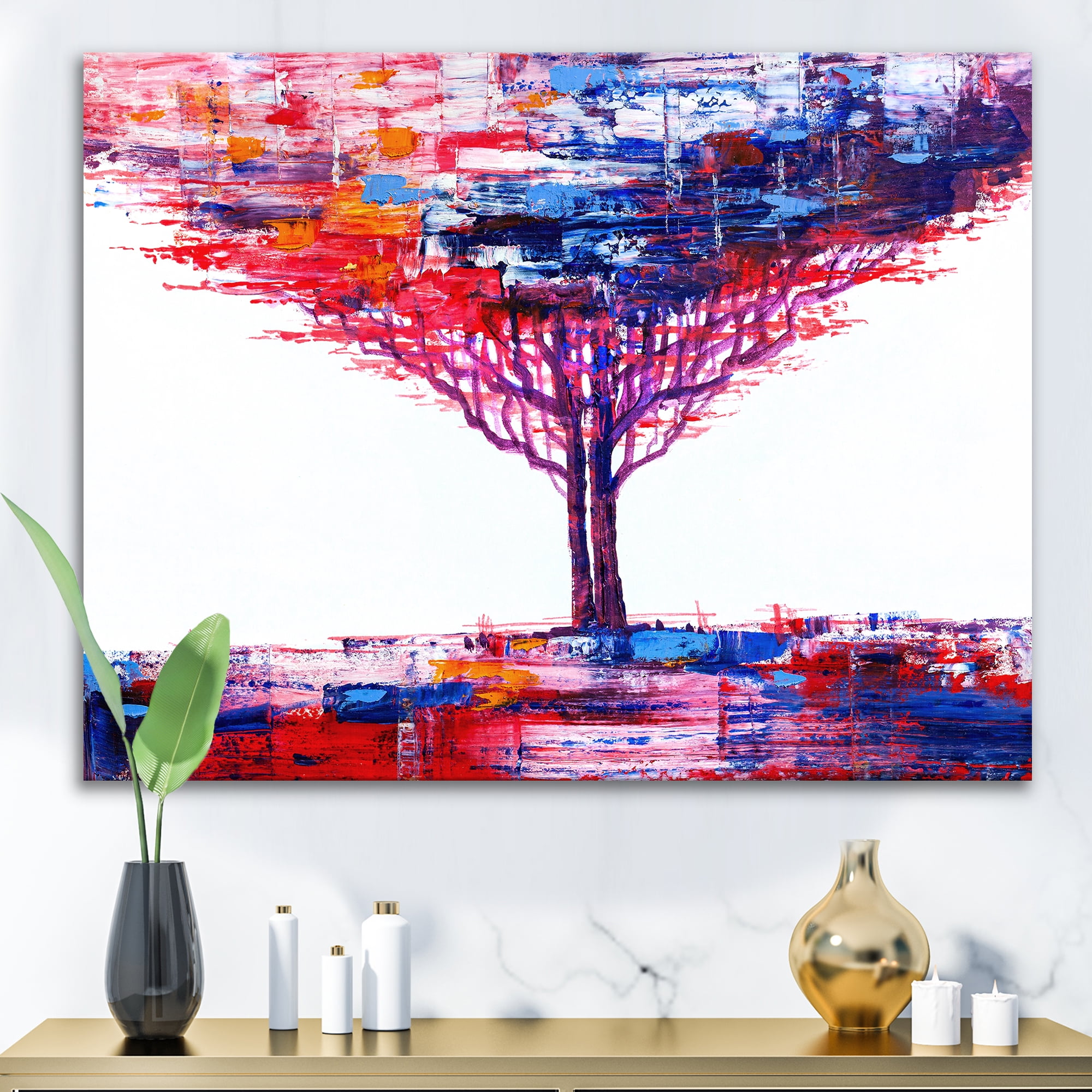 Abstract Colorful Tree Impressionist On A White 12 in x 8 in Painting Canvas Art Print, by Designart