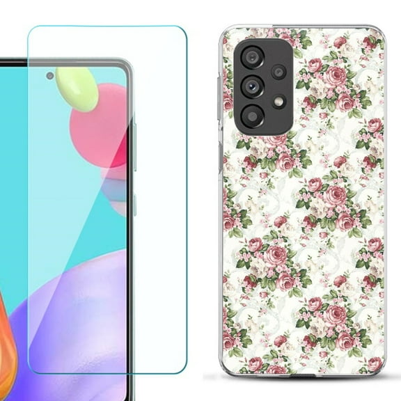 Slim-Fit Gel TPU Phone Case for Samsung Galaxy A33 5G, with Tempered Glass Screen Protector, by OneToughShield ® - Floral/Rose
