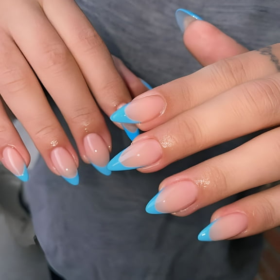 RAGUPEL Short Almond Press on Nails Baby Blue French Tip Nails for Women Real Nude Glue on Nails Short Acrylic Nails Press on Natural Gel Stick on Nails Strong False Nails Set for DIY