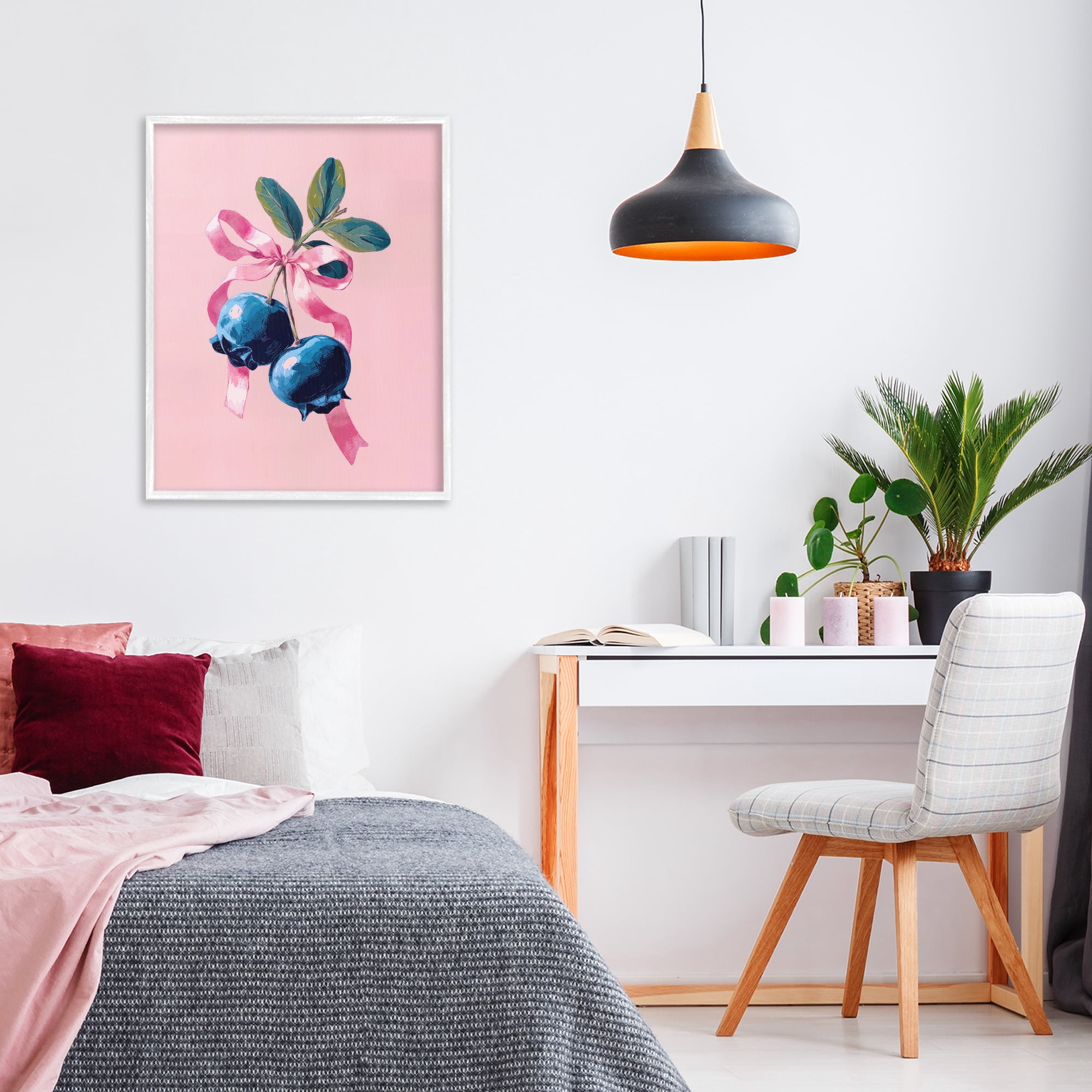 Stupell Industries Blueberry Branch with Pink Bow White Framed Giclee Art, design by Imagine It Images