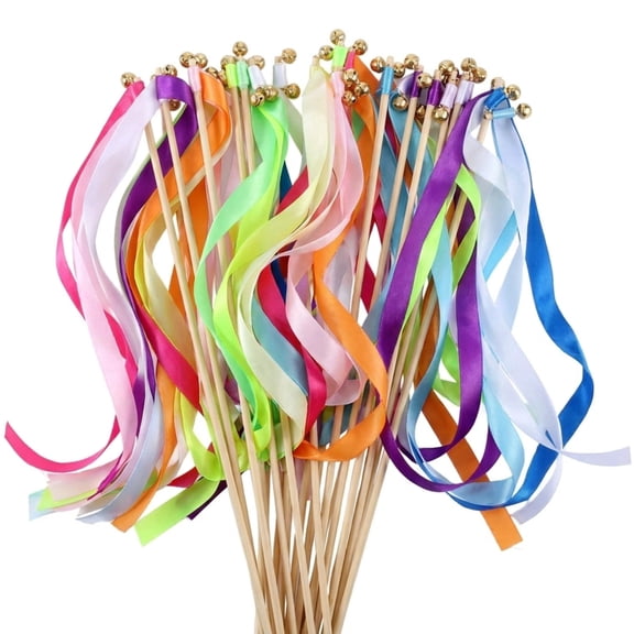 24 Pack Assorted Random Color Ribbon Wands with Bells, Satin Streamer Sticks for Wedding Exit, Birthday & Holiday Party Favors