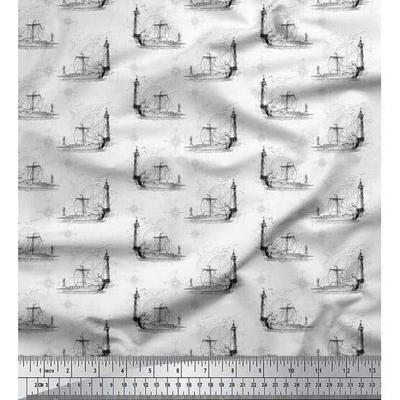 Soimoi Silk Fabric Direction Compass,Lighthouse & Yacht Nautical Print Fabric by Yard 42 Inch Wide