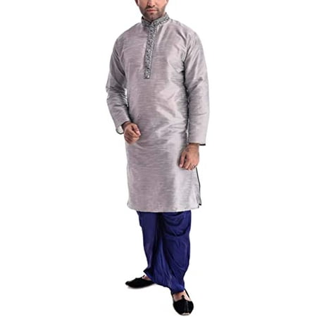 

Royal Kurta Mens Silk Blend Embroidered Dhoti Kurta (38 Grey-Blue)
