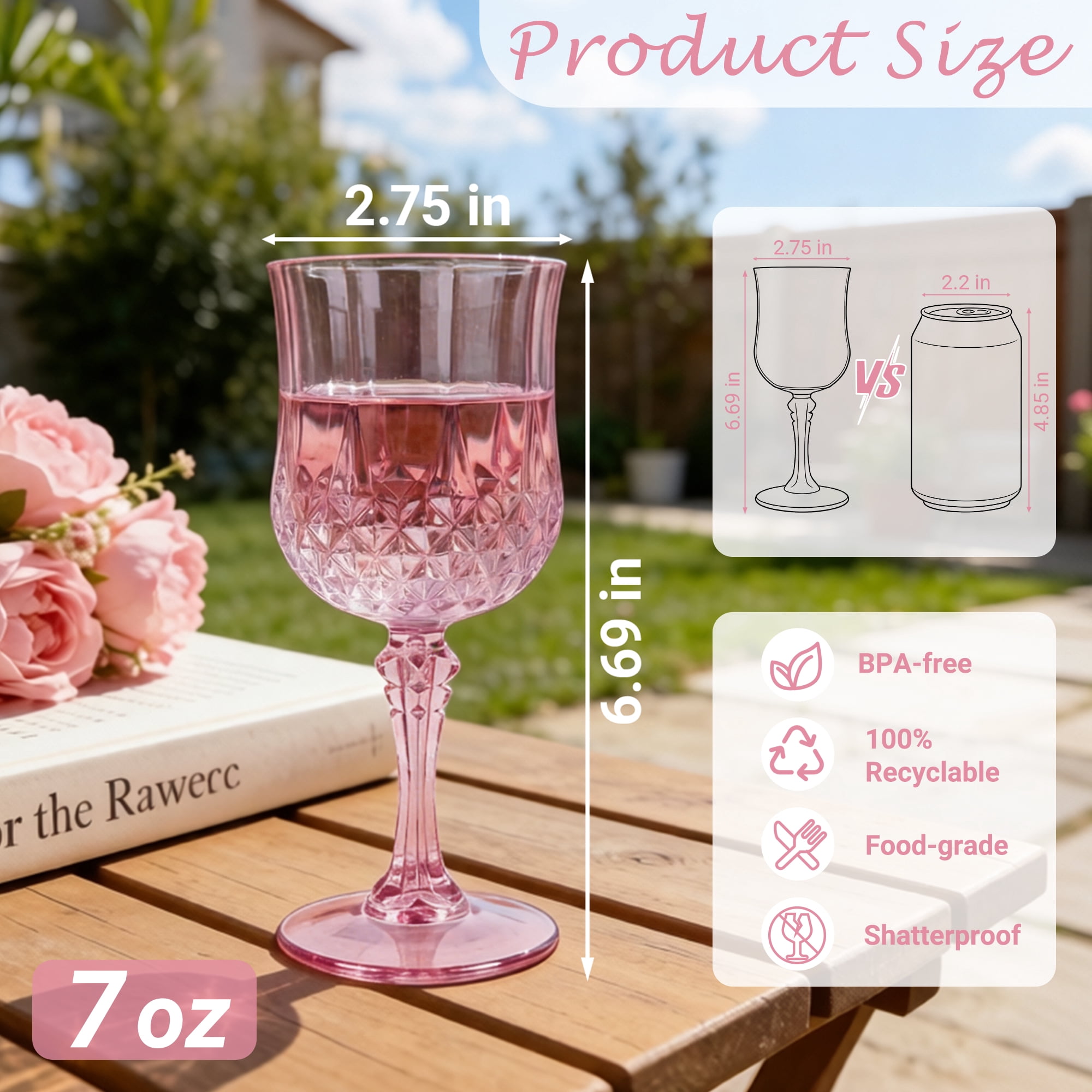 ZHURUININ Reusable Plastic Wine Glasses ，pink，7oz，24Pack