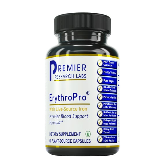 Premier Research Labs ErythroPro with Live-Source Iron - Features Pumpkin Seed, Organic Oat, Beet, Chlorella, Rice Bran, Tomato & Bilberry - Blood Support Formula - 60 Plant-Sourced Capsules