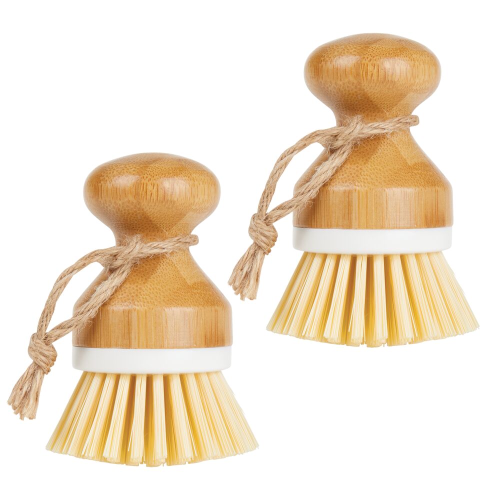 mDesign Bamboo Mini Kitchen Palm Dish Scrubber Brush, 2 Pack White/Natural