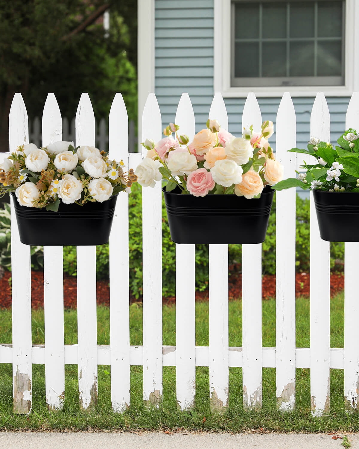 Metal Railing Planter for Outdoor Plants - 5 Pack Balcony Hanging Flower Pots with Detachable Hooks and Drain Holes Oval Bucket Rail Box Fence Planters for Home Garden Decor, White