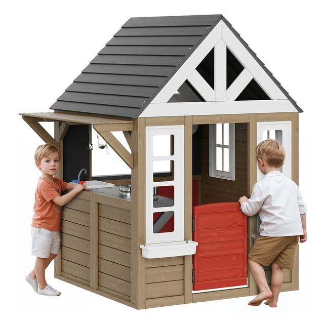 VEVOR Maisonnette de Jeu Extérieure en Bois pour Enfants Jardin Jeux Chalet avec Porte Fenêtre Évier