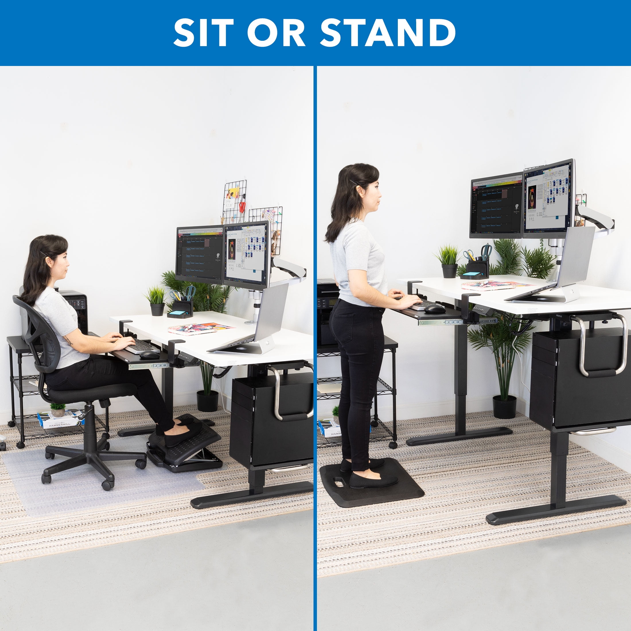 Mount-It! Electric Sit-Stand Black Desk Frame with Extra-Wide White Tabletop