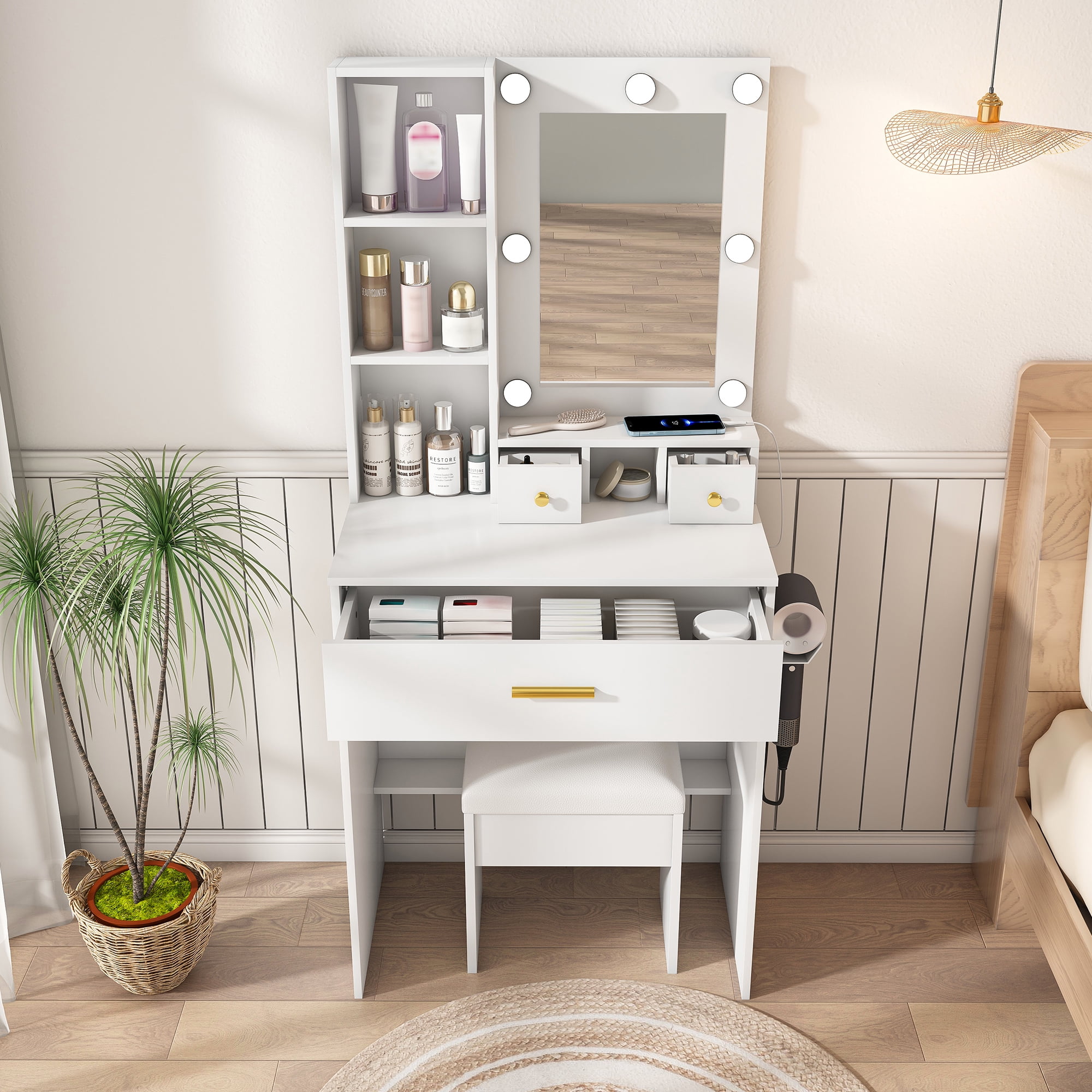 Compact Makeup Vanity Table with Adjustable LED Light Mirror, Built-in Power Outlet, Hairdryer Holder & Padded Stool, Multi Drawer Storage Dressing Table for Small Bedroom