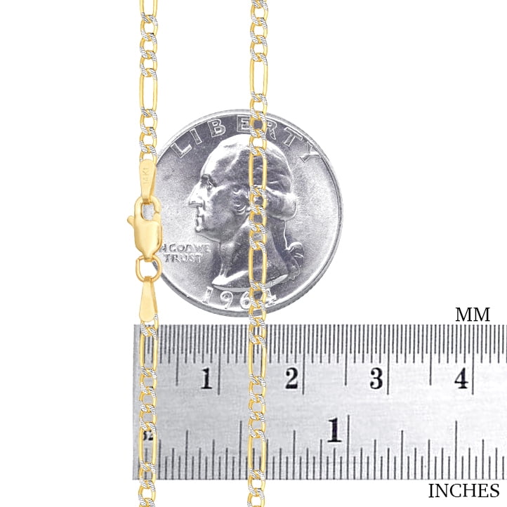 Nuragold 14k Real Yellow Gold Solid Figaro Link 2.5mm Diamond Cut Pave Chain Necklace (16"-26") Two Tone Italian Jewelry for Men & Women