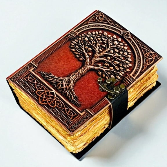 Handmade Leather Journal with Embossed Tree of Life – 5x7 Inch Notebook, 200 Handmade Deckle Pages, Antique Clasp, Vintage Writing Diary