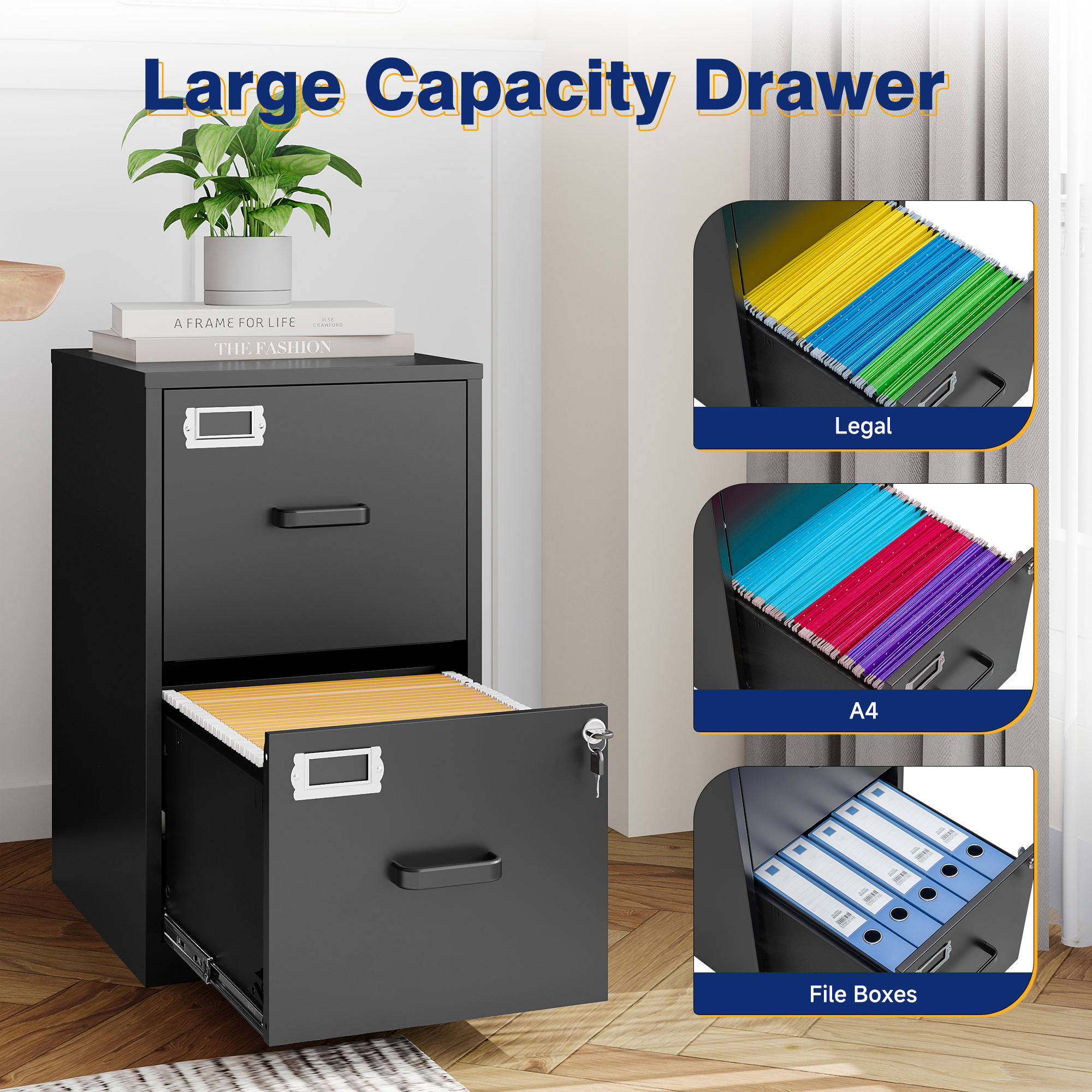 AUHUP Metal File Cabinet with 2 Drawers, Steel Filing Cabinets with Lock for Home Office Legal/Letter/A4 File, Black, Assembly Required