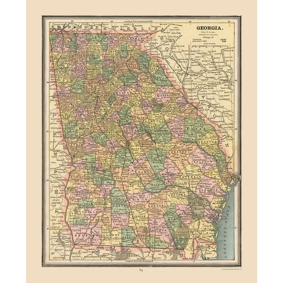 Historic State Map - Georgia- Cram 1888 - 23 x 28.17 - Vintage Wall Art