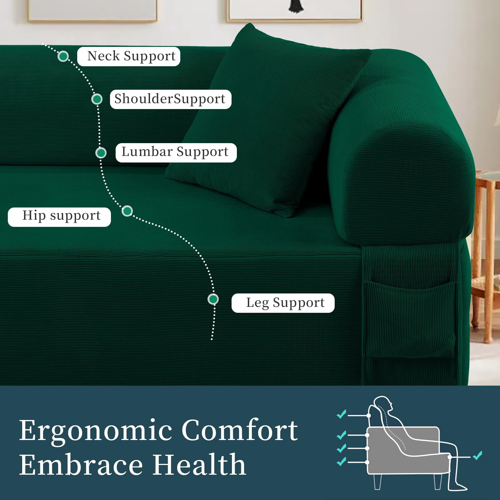 3-Seater Sofa, 83" No Assembly Deep Loveseat Couch in A Box, Spring & High-Elastic Sponge Filling Sofas with 2 Cushions & Side Storage Pockets for Living Room Apartment, Green