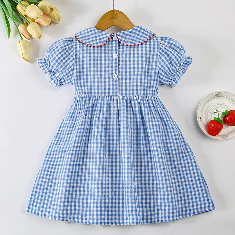 LIIPEE Girls Back To School Dresses Cartoon Embroidery Puff Sleeve Peter  Pan Collar Plaid Sundress Newborn Stylish Party Dress,Blue,3-4 Years -  Walmart.com