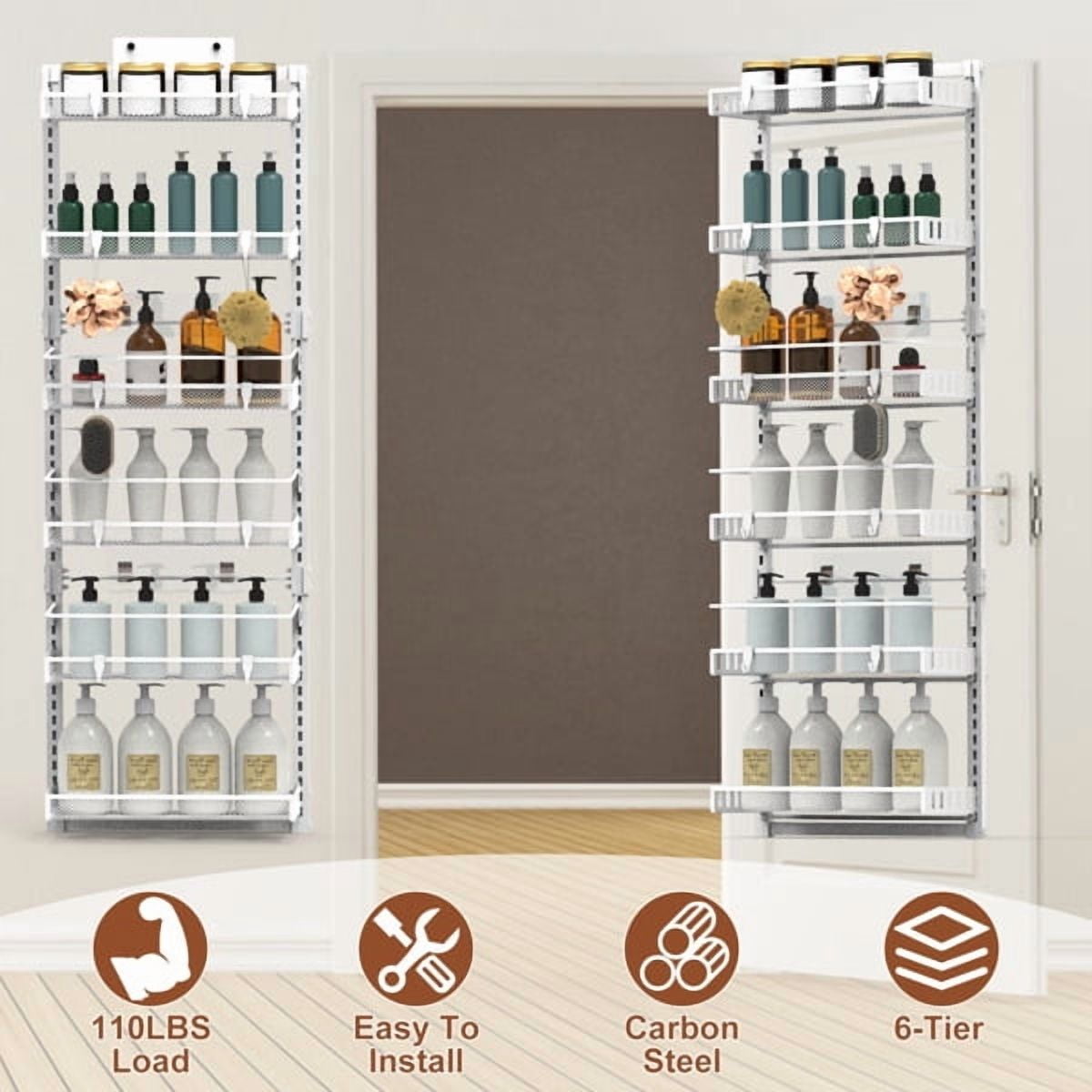6-Tier Over the Door Pantry Organizer, Large Metal Door Spice Rack, Hanging Heavy-Duty Pantry Door Storage Shelf 10LBS Loading Easy Install Behind Door Storagefor Kitchen and Bathroom, White